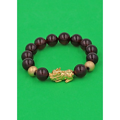 Chuỗi đeo tay đá Vân Rồng Nâu 12 ly - cẩn Tỳ Hưu Phong Thủy inox vàng VVRNTHHBV12