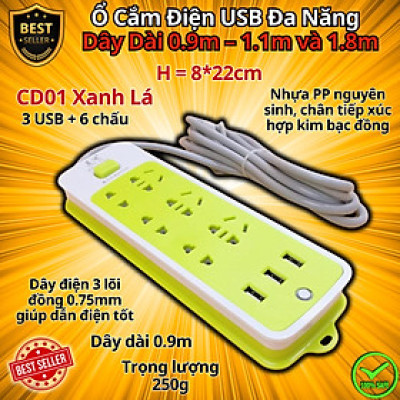 Ổ Cắm Điện USB Đa Năng Cao Cấp Chống Giật Dây Dài 0.9m – 1.1m và 1.8m, Ổ Cắm Điện Công Suất 2500W Có Chốt An Toàn