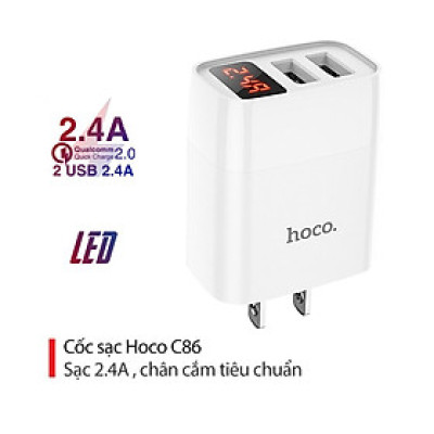 Cốc sạc 2.4A Hoco C86 màn hình Led hiển thị dòng điện chân dẹt 2 cổng USB chất liệu cao cấp ( 2 màu ) - Hàng chính hãng