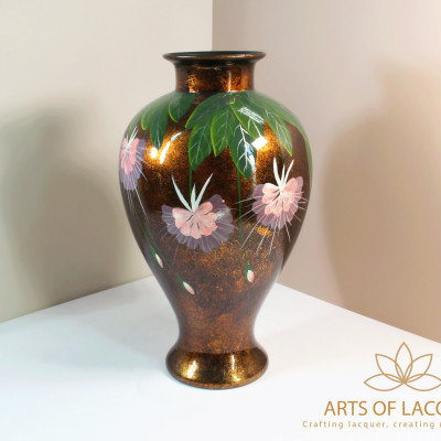 Bình Hoa Sơn Mài Dáng Chum Cổ Nhỏ Màu Nâu Đồng Họa Tiết Hoa Tím