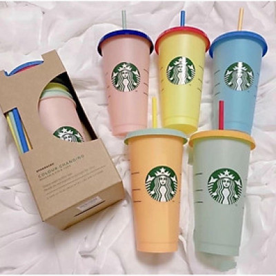 Combo 5 Ly Cốc Uống Nước Starbuck Đổi Màu Theo Nhiệt Độ Độc ĐÁo Có Thể Tái Sử Dụng - Tặng Kèm Nắp Và Ông Hút - Hàng Loại 1- Chính Hãng MINIIN