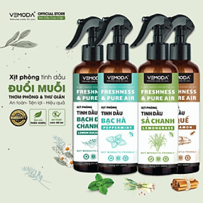 Bình Xịt phòng tinh dầu Sả Chanh, Bạc hà, Quế, Bạch đàn chanh Vemoda giúp hỗ trợ đuổi muỗi, thơm phòng nhanh chóng. Chai xịt hỗ trợ đuổi muỗi từ tinh dầu thiên nhiên
