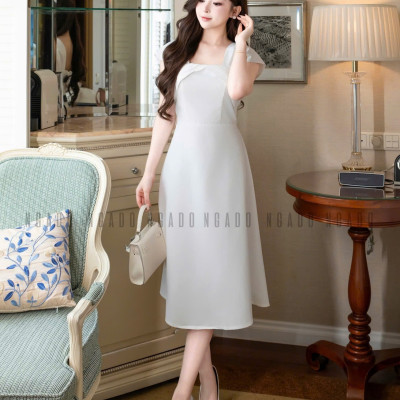 Đầm gấm trắng tay con NGADO , đầm dự tiệc hở vai