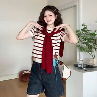 Áo len ngắn tay mongtoghi hoạ tiết kẻ sọc kèm khăn thuỷ thủ