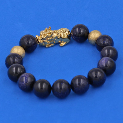 Vòng đeo tay đá Lam Sa 12 ly cẩn Tỳ Hưu Phong Thủy inox vàng VLSTHHBV12