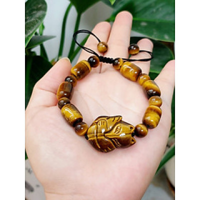 Vòng tay đá mắt hổ lu thống vàng nâu gắn hồ ly phong thủy cho Nữ công sở làm trang sức