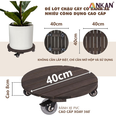 Đế Lót Chậu Cây Có Bánh Xe, Tròn 40cm, Màu Đen, Tải Trọng 150Kg, Di Chuyển Chậu Cây to, Thương Hiệu ANKAN