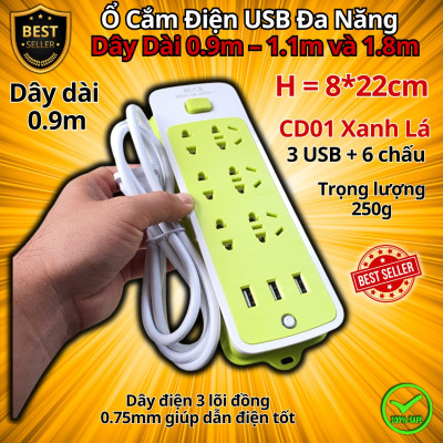 Ổ Cắm Điện USB Đa Năng Cao Cấp Chống Giật Dây Dài 0.9m – 1.1m và 1.8m, Ổ Cắm Điện Công Suất 2500W Có Chốt An Toàn, Nhiều Lựa Chọn, Nhựa Nguyên Sinh