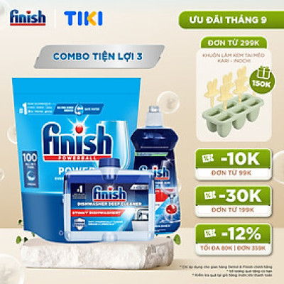 Combo Finish tiện lợi 3: Túi 100 Viên Rửa Bát All In 1+ Nước Làm Bóng Finish 500ml +Dung Dịch Vệ Sinh Máy Finish 250ml