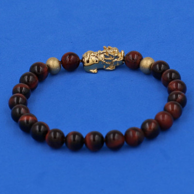 Vòng đeo tay đá Mắt Hổ đỏ đen 6 ly cẩn Tỳ Hưu inox vàng VMHOETHHBV6