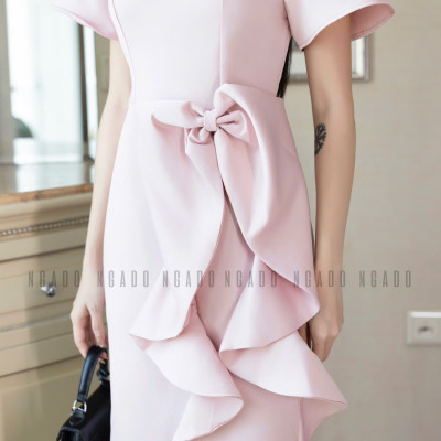 Đầm hồng tay loe NGADO , Đầm dự tiệc sang chảnh , Đầm thiết kế