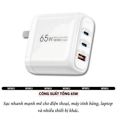 Adapter cóc củ sạc nhanh 65W 2 PD 3.0 USB C + USB-A QC3.0 hiệu WIWU ARK - PPS chống cháy, Chip AI điều chỉnh dòng sạc  cho iPhone iPad Oppo Samsung cho Macbook, Laptop - Hàng nhập khẩu