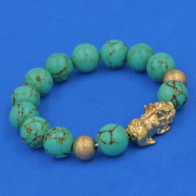 Chuỗi đeo tay San Hô Xanh Ngọc Sọc 12 ly - cẩn Tỳ Hưu Phong Thủy inox vàng VSHXLSTHHBV12