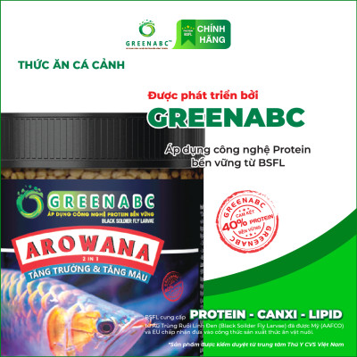 Thức ăn Cá Rồng GREENABC - Arowana Fish – Hàm lượng protein 40% giúp tăng trưởng nhanh, tăng đề kháng, vảy rực rỡ - Hộp 350g