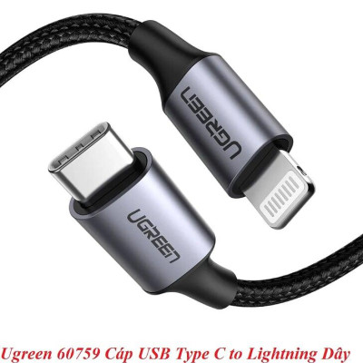 Ugreen UG60759US304TK 1M Màu Đen Cáp USB Type C ra Lightning Dây bện nylon - HÀNG CHÍNH HÃNG