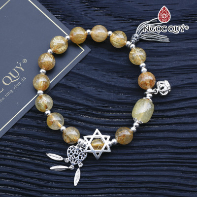 Vòng thạch anh tóc vàng phối lu thống charm bạc hạt 9mm mệnh thủy, kim - Ngọc Quý Gemstones