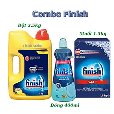 Combo rửa bát Finish: Bột Classic can 2,5kg, Nước làm bóng chai 400ml, Muối hộp 1,5kg - Chính Hãng.