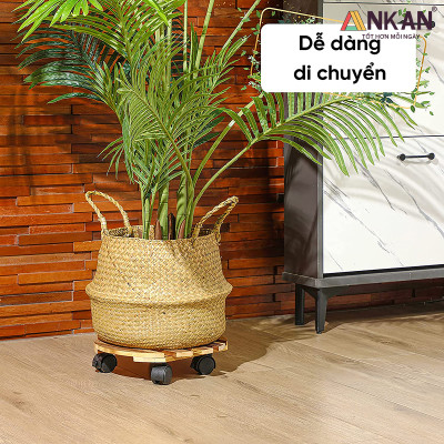 Combo 2 Đế Lót Chậu Cây Có Bánh Xe ANKAN 30cm Gỗ Tràm Mặt Tròn Màu Vàng, Chính Hãng