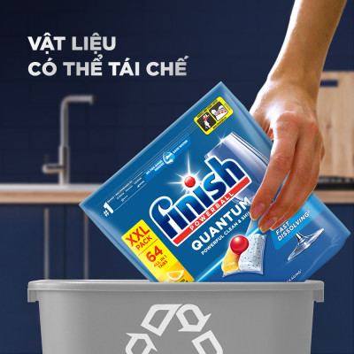Combo Finish nâng cao 3:Viên Rửa Chén Bát Finish Powerball Quantum 64 viên + Nước làm bóng 500ml + Dung dịch vệ sinh máy