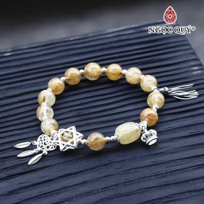 Vòng thạch anh tóc vàng phối lu thống charm bạc hạt 9mm mệnh thủy, kim - Ngọc Quý Gemstones