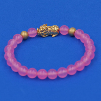 Vòng đeo tay Thạch Anh Hồng Phấn 6 ly cẩn Tỳ Hưu inox vàng VTAHPTHHBV6 HỘP NHUNG - hợp mệnh Hỏa, mệnh Thổ