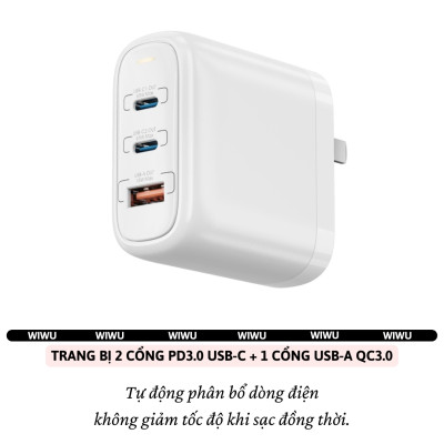 Adapter cóc củ sạc nhanh 65W 2 PD 3.0 USB C + USB-A QC3.0 hiệu WIWU ARK - PPS chống cháy, Chip AI điều chỉnh dòng sạc  cho iPhone iPad Oppo Samsung cho Macbook, Laptop - Hàng nhập khẩu