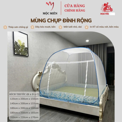 Màn Chụp , Mùng Chụp Cao Cấp Mộc Miên Đỉnh Rộng - Kích Thước 1,6mx2m Trắng Viền Xanh ( Hà Nội )