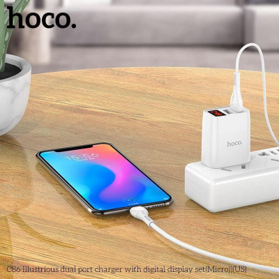 Bộ Sạc Micro-USB Hoco C86 Cho Samsung, Xiaomi, Oppo,... Bộ Sạc 2 Cổng Có Đèn Led, Sạc Nhanh MAX 2.4A - Hàng Chính Hãng