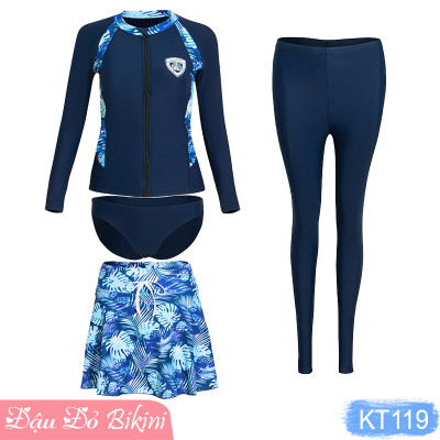 Đồ Bơi Đôi Big Size Dài Tay & Quần Dài Chống Nắng 3-4 chi tiết, bộ bơi size đại có áo khóa kéo dễ mặc, cỡ lớn đến 125kg, thun lạnh Lycra dày mịn mát | BN119 & KT119