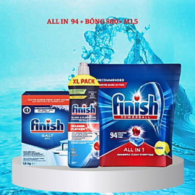 Combo 94 Viên rửa bát Finish All in 1 + Muối Finish 1,5kg + Nước làm bóng Finish 750ml