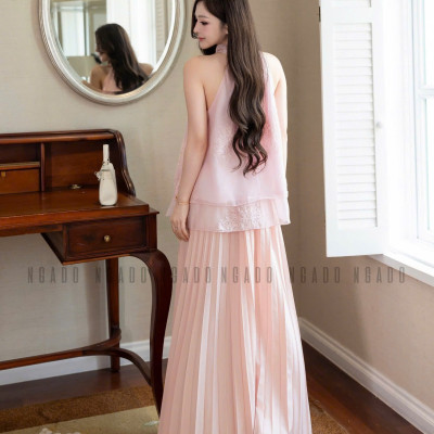 Áo yếm hồng thêu hoa NGADO , ào kiểu nữ , áo hở vai