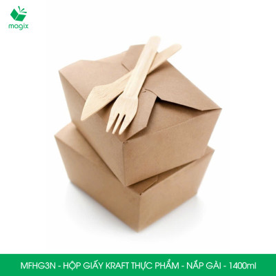 MFHG3N - 50 hộp giấy kraft thực phẩm 1400ml, hộp giấy nắp gập màu nâu đựng thức ăn, hộp giấy nắp gài gói đồ ăn mang đi 