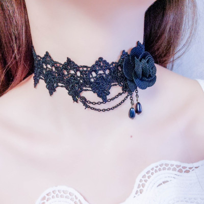 Vòng cổ ren vải hoa hồng đen bất đối xứng tiểu thư dạ tiệc
