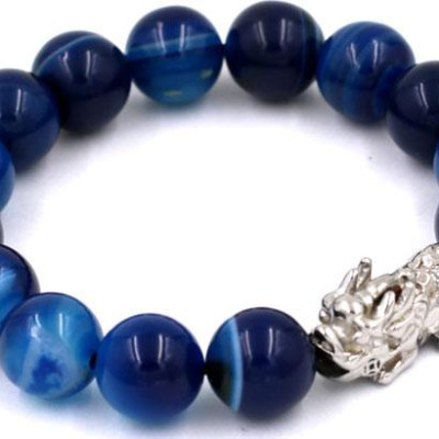 Chuỗi đeo tay thạch anh xanh dương sọc 12 ly - cẩn Tỳ Hưu inox VTAXDSTHT12 - hợp mệnh Mộc, mệnh Thủy