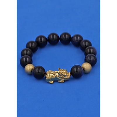 Vòng đeo tay đá Lam Sa 12 ly cẩn Tỳ Hưu Phong Thủy inox vàng VLSTHHBV12