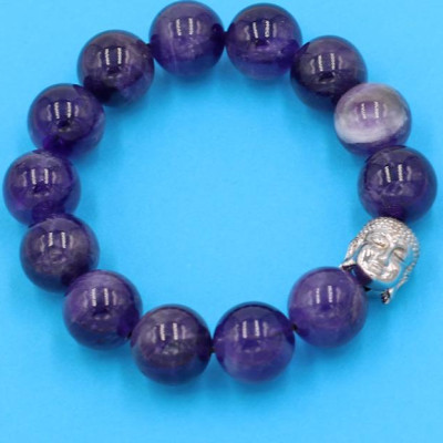 Chuỗi đeo tay thạch anh tím than 14 ly - cẩn hạt Như Lai inox trắng VTITNLT14 - hợp mệnh Hỏa, mệnh Thổ