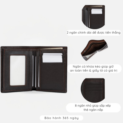 Ví da nam gập đôi phom đứng phối màu nhiều ngăn IDIGO MW1-6033
