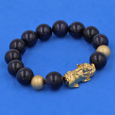 Vòng đeo tay đá Lam Sa 12 ly cẩn Tỳ Hưu Phong Thủy inox vàng VLSTHHBV12