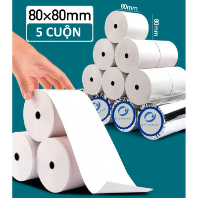 Combo 5 cuộn giấy in nhiệt Oji K80x80 (80mm x 80mm) Chuyên dùng in bill, in hóa đơn bán hàng shop online, cửa hàng, quán Cafe,...Hàng chính hãng
