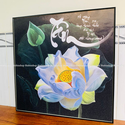 (CÓ ẢNH THẬT) Tranh treo tường chữ tâm và hoa sen trắng có khung tặng kèm đinh treo