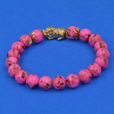 Chuỗi đeo tay San Hô Hồng Sen Sọc 8 ly - cẩn Tỳ Hưu Phong Thủy inox vàng VSHHPSTHHKV8