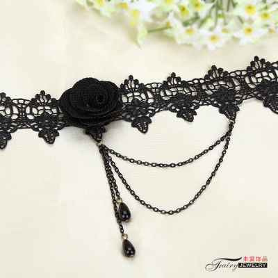 Vòng cổ ren vải hoa hồng đen bất đối xứng tiểu thư dạ tiệc