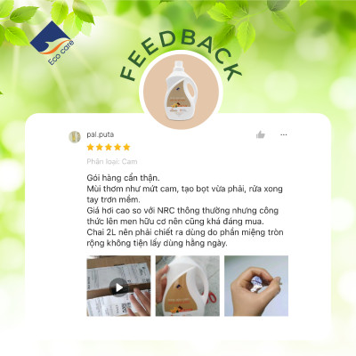 Nước rửa chén hữu cơ Bồ hòn Ecocare tinh dầu Vỏ Cam 2000ml