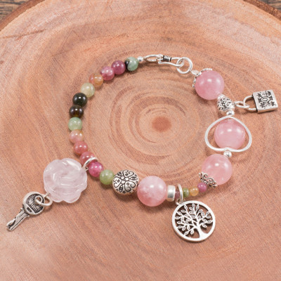 Vòng tay đá Tourmaline phối thạch anh hồng charm khóa (5mm) Ngọc Quý Gemstones