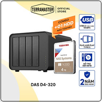 Combo bộ Thiết bị lưu trữ DAS TerraMaster D4-320 4-bay kèm ổ cứng Toshiba NAS N300 24/7 Hàng chính hãng