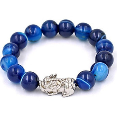 Chuỗi đeo tay thạch anh xanh dương sọc 12 ly - cẩn Tỳ Hưu inox VTAXDSTHT12 - hợp mệnh Mộc, mệnh Thủy