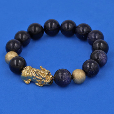 Vòng đeo tay đá Lam Sa 12 ly cẩn Tỳ Hưu Phong Thủy inox vàng VLSTHHBV12