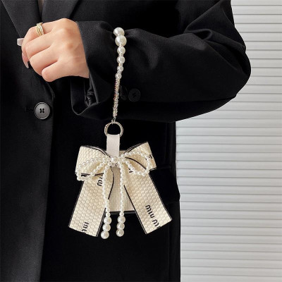 Ốp Lưng Cho Samsung Galaxy Z FLip 6 / Z Flip 5 / Z Flip 4 Smile Đính Đá Nơ To Bản Kèm Dây Ngọc Trai Cầm Tay Xinh Xắn