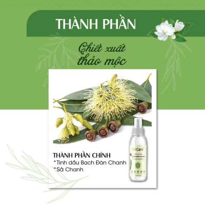 Xịt Phòng Tinh Dầu Bạch Đàn Chanh Hữu Cơ Organic 24Care 50ML/100ML - Kháng khuẩn - Khử mùi hôi - Đuổi muỗi, côn trùng - Hương thơm mạnh mẽ giúp tái tạo năng lượng nhanh, giảm stress hiệu quả.