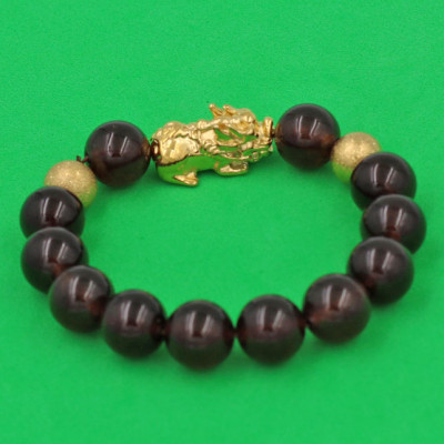 Chuỗi đeo tay đá Vân Rồng Nâu 12 ly - cẩn Tỳ Hưu Phong Thủy inox vàng VVRNTHHBV12